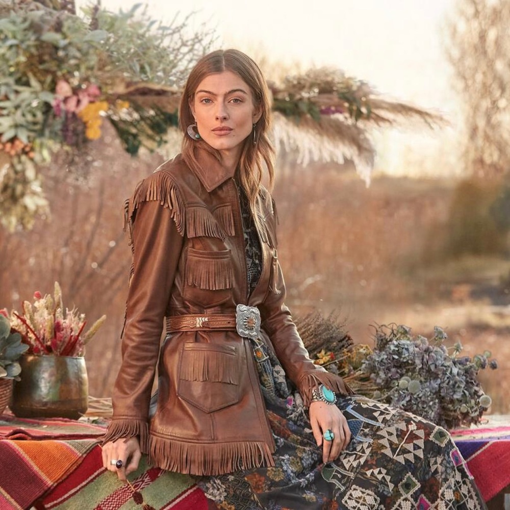 Sundance Chestnut Brown Fringe Leather Jacket - Picture 2 of 7
